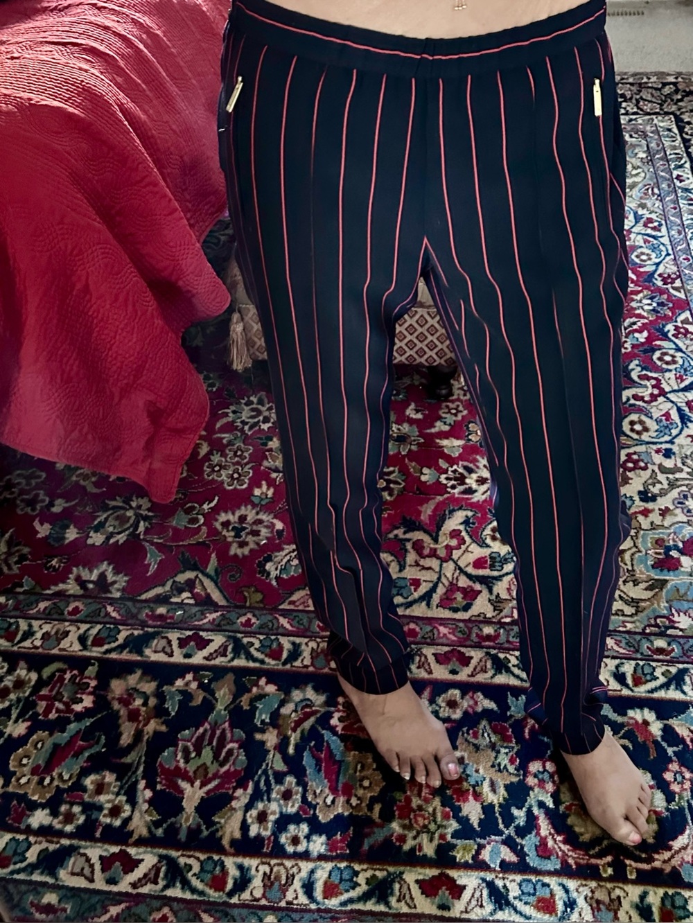 Tommy Hilfiger Navy Straight-Leg Pants with Red Pinstripes
